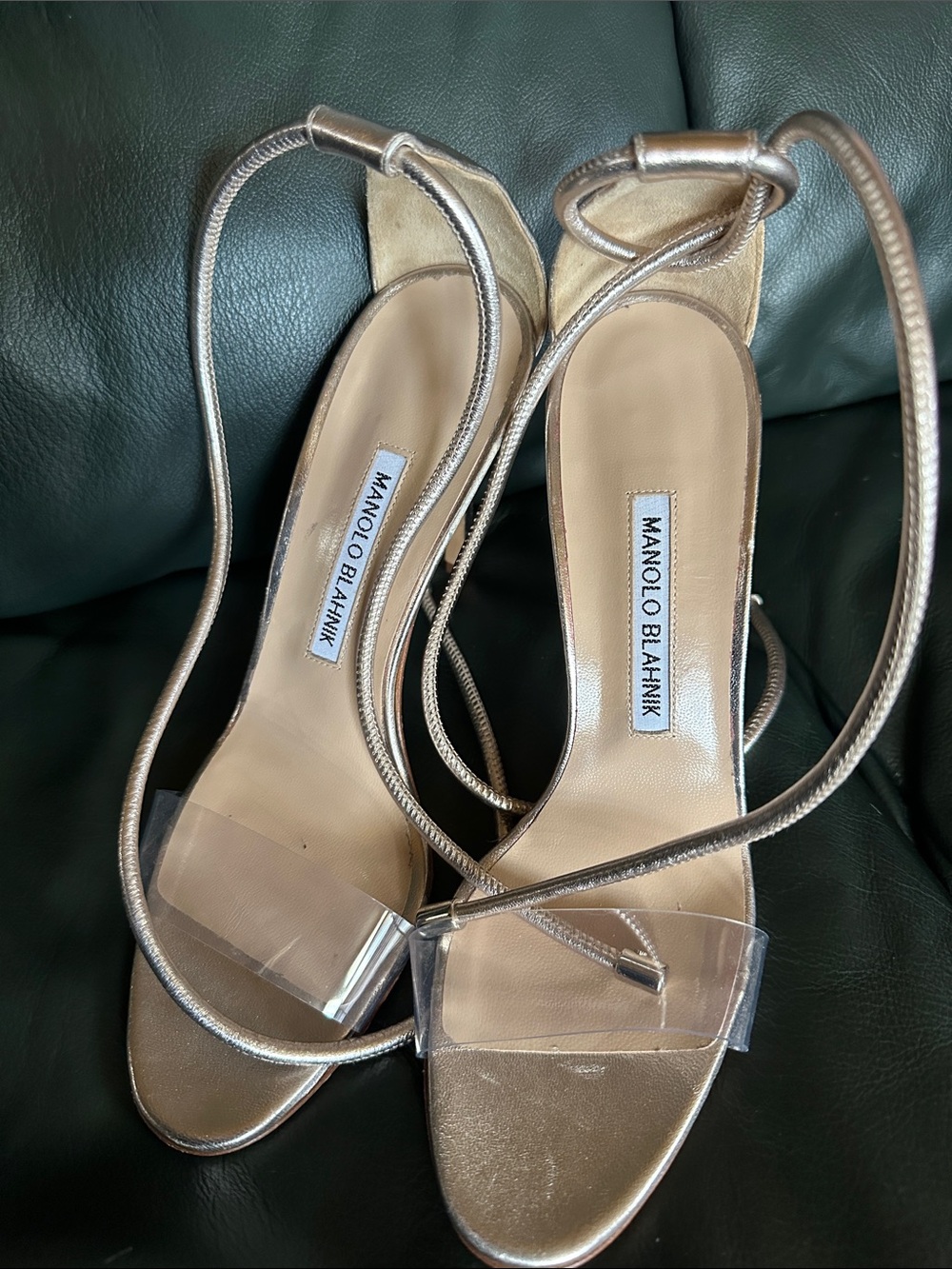 Manolo Blahnik Rose Gold Wrap-Around Clear Strap Sandals